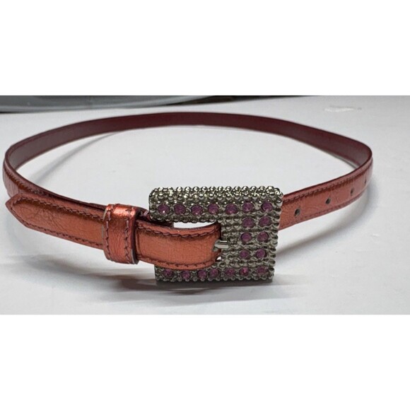 VTG NANNI Italy Metallic Salmon Pink Skinny Leather Belt Crystal Buckle Sz 80/32 main image 8